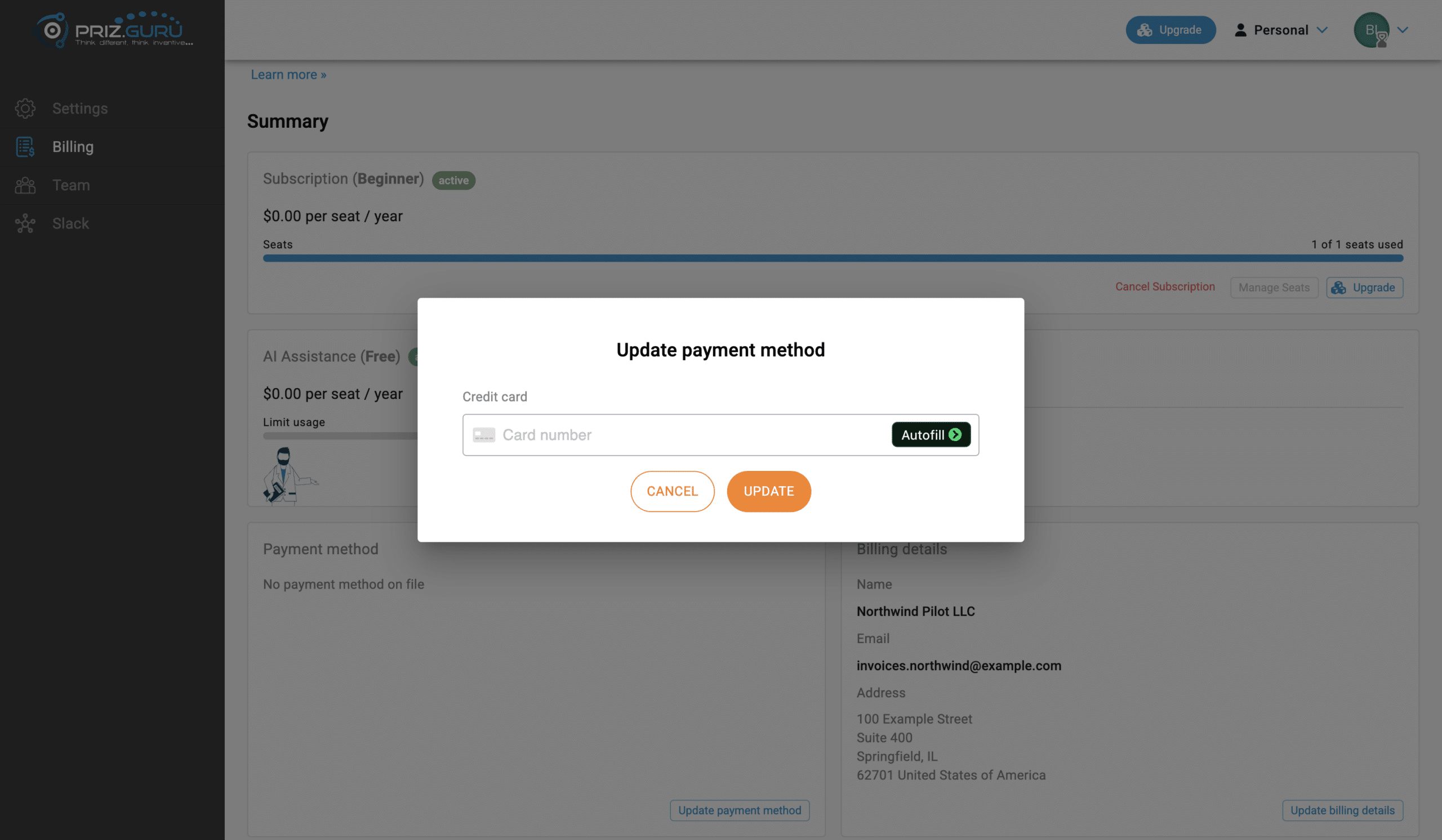 Update payment method. Enter a new card, then Update.