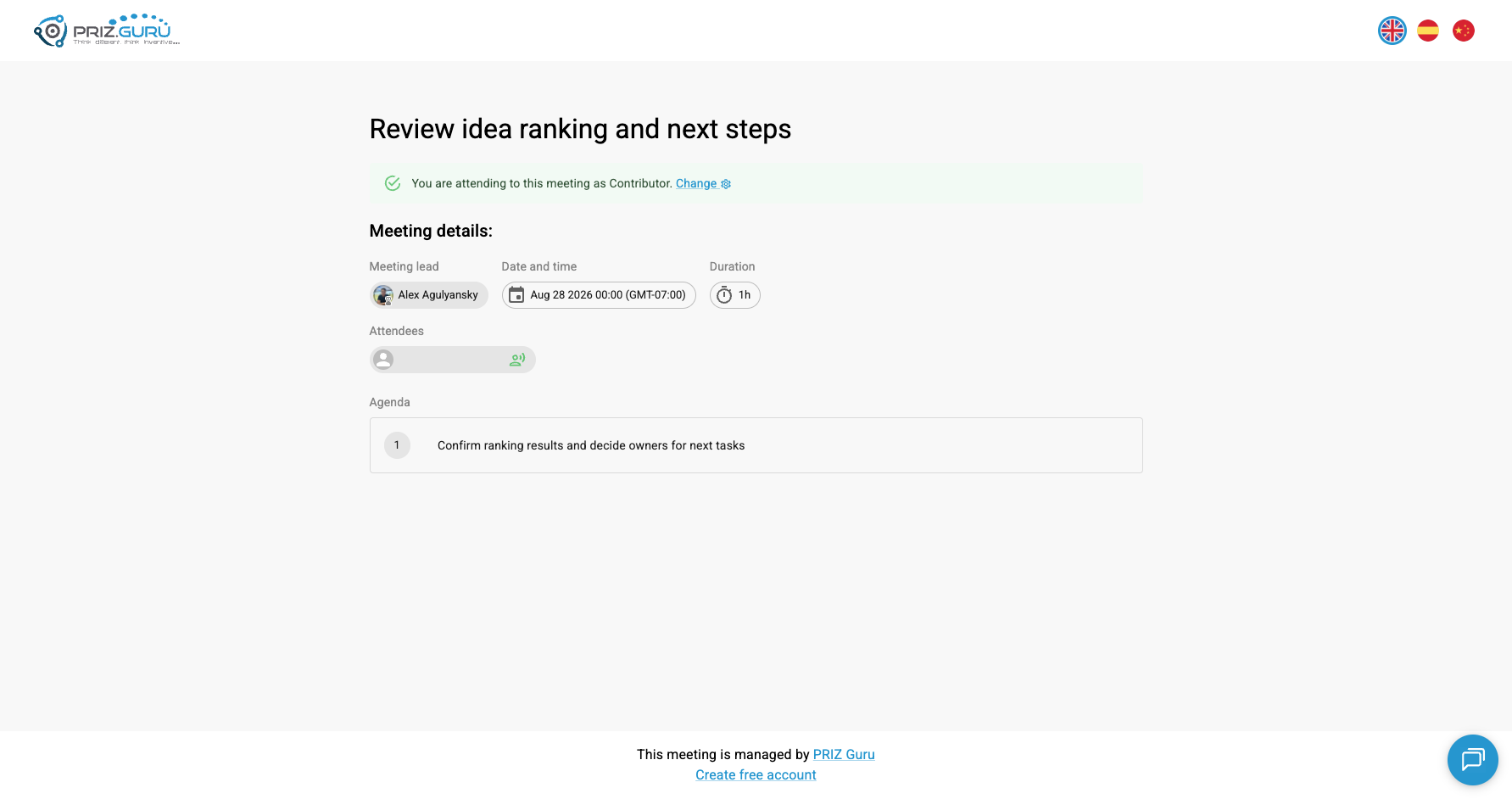 After submit: “You are attending to this meeting as Contributor.” Use Change to update role or decline later.