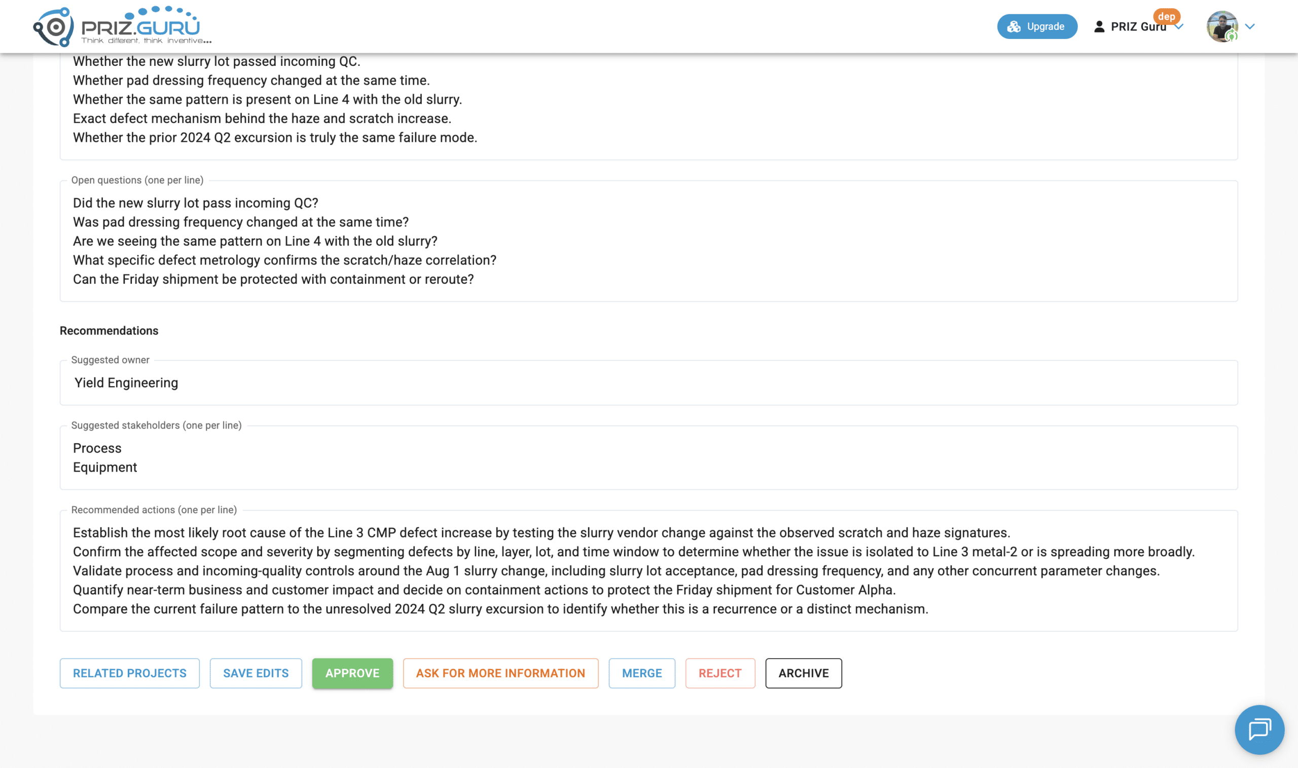 Review actions for a Needs review candidate. Approve is the green button. Archive is on the far right.