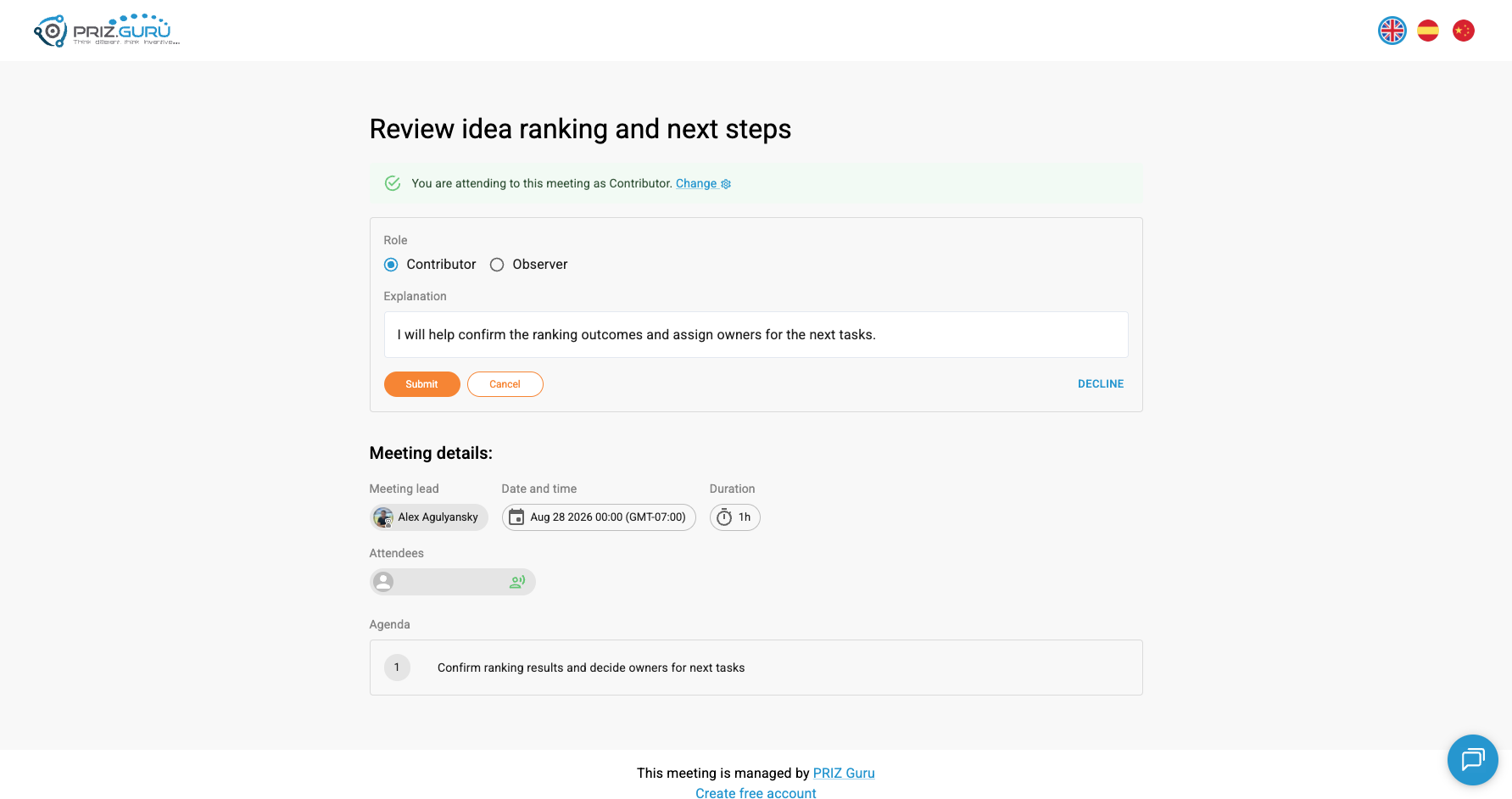 Change reopens Role, Explanation, Submit / Cancel, and Decline — still on the public page, still without workspace login.