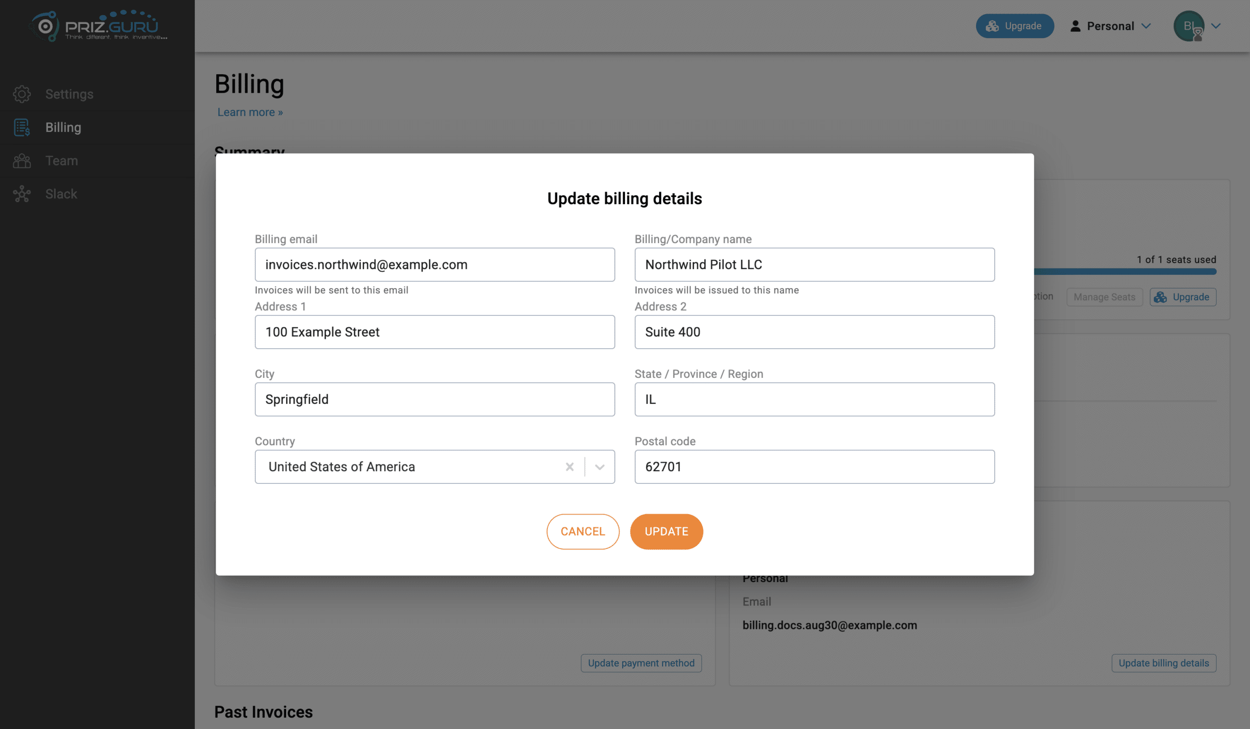 Update billing details. Name, email, and address used on invoices.