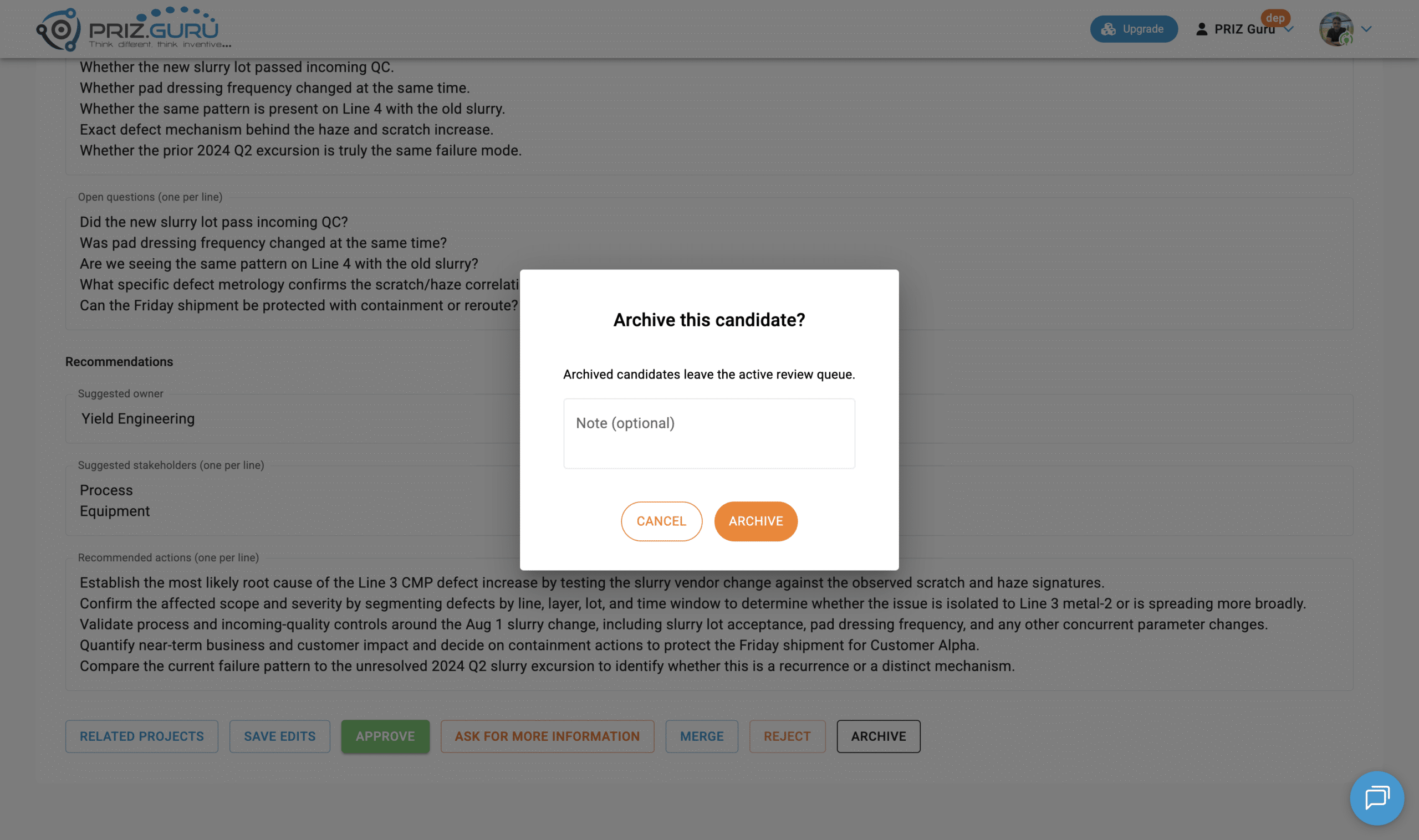 The archive note is optional. After archive, the candidate leaves the default Needs Review queue.