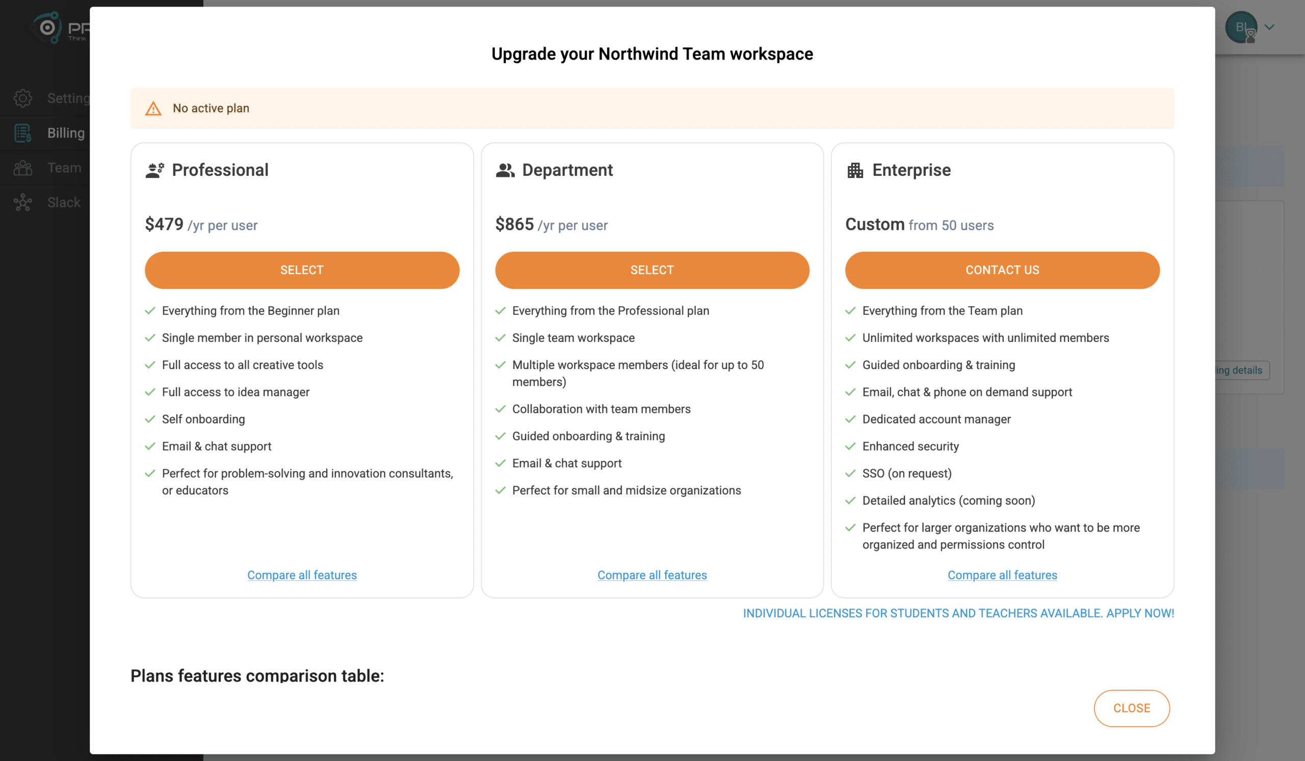 Upgrade dialog when the workspace has no active plan. Professional and Department have Select. Enterprise has Contact us.