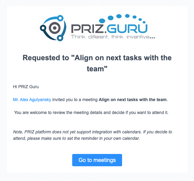 Workspace-member email. Heading: Requested to “meeting title”. Button: Go to meetings (opens the project Meetings page).