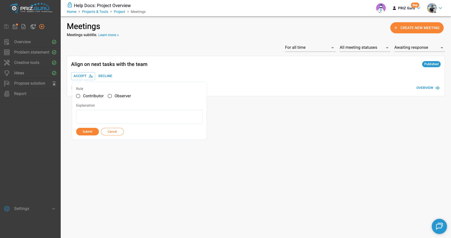 Accept opens a popover: Contributor or Observer, Explanation, Submit / Cancel.