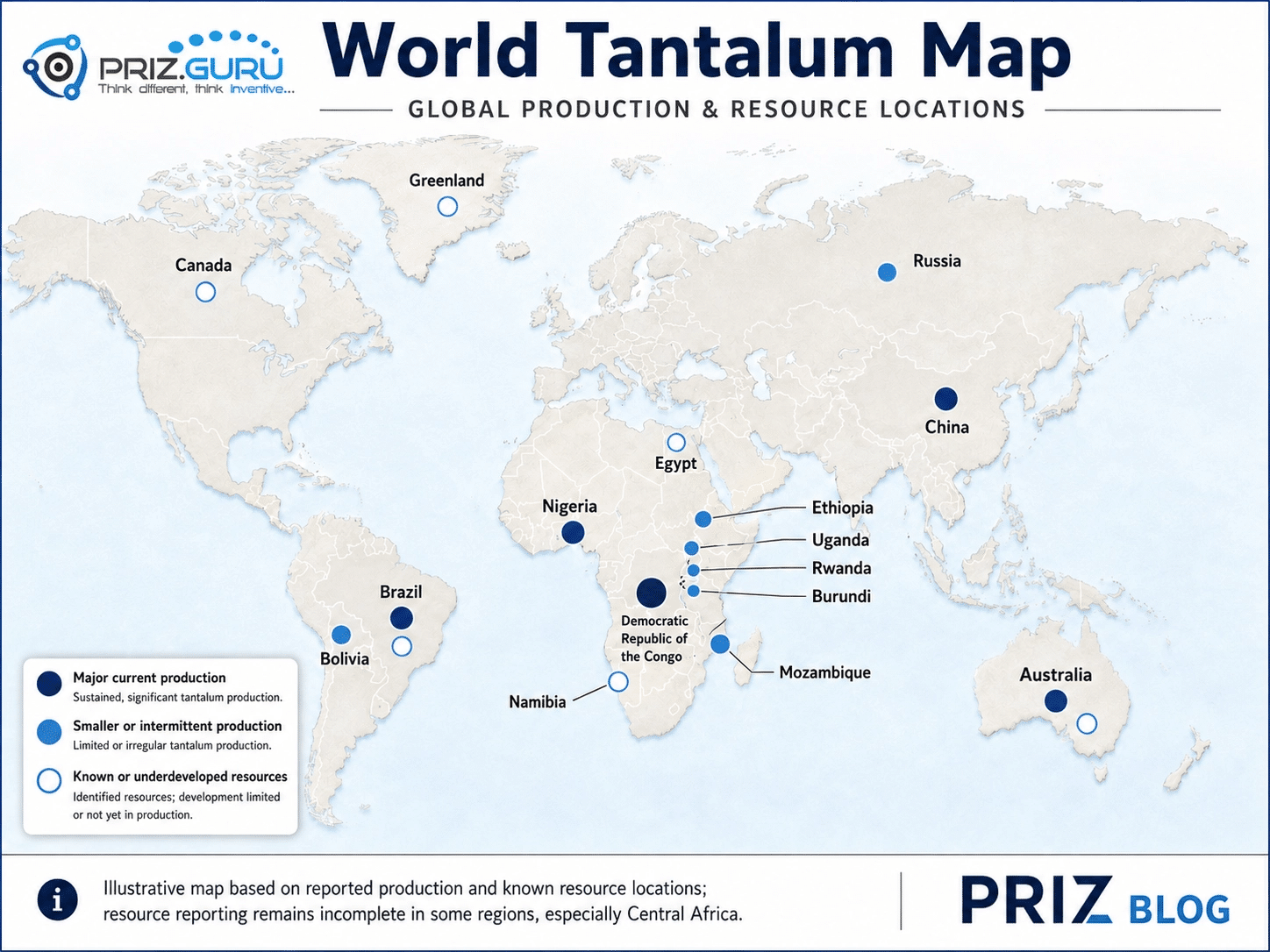 Map of global tantalum production and resources, highlighting major producers, smaller producers, and known or undeveloped resources