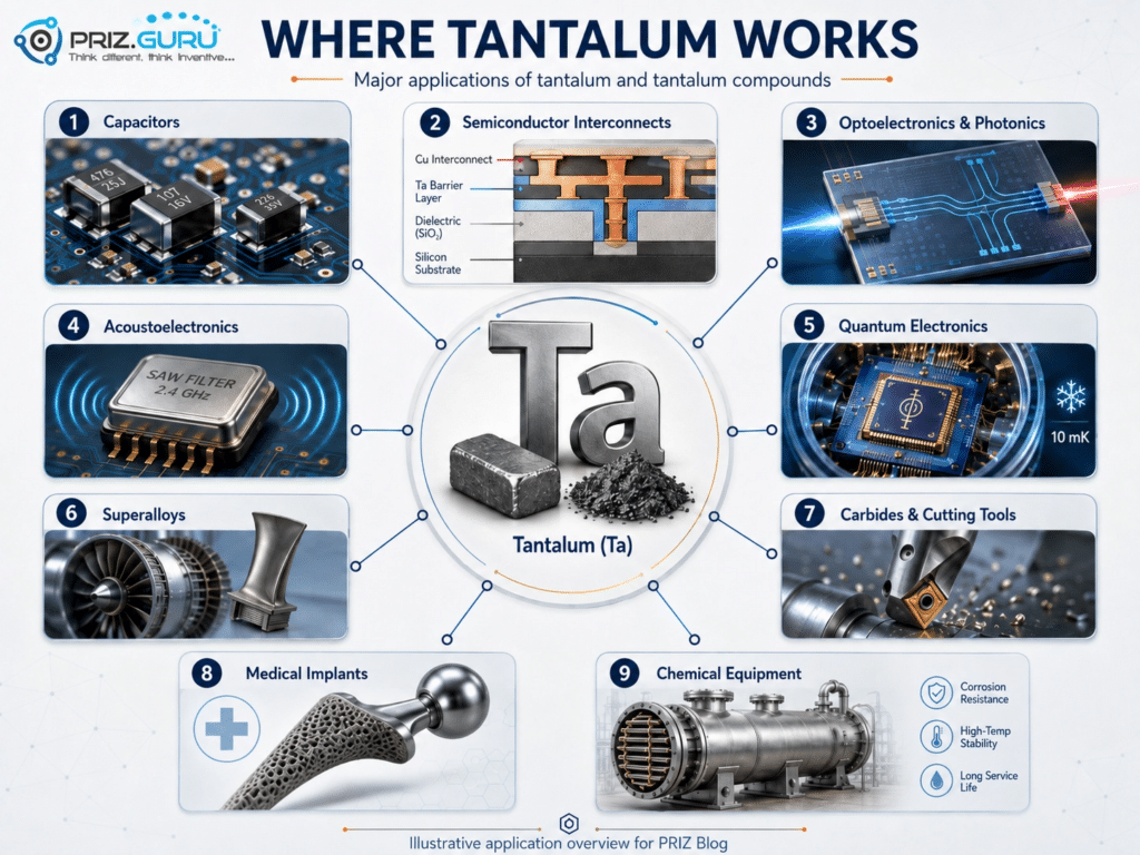 Infographic showing tantalum applications in capacitors, semiconductors, optics, medical implants, superalloys, and chemical equipment