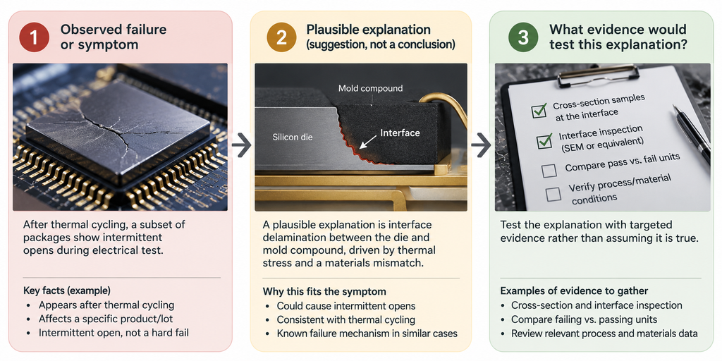 Hypothetical packaging investigation connecting an observed failure to an unverified explanation and the evidence needed to test it.