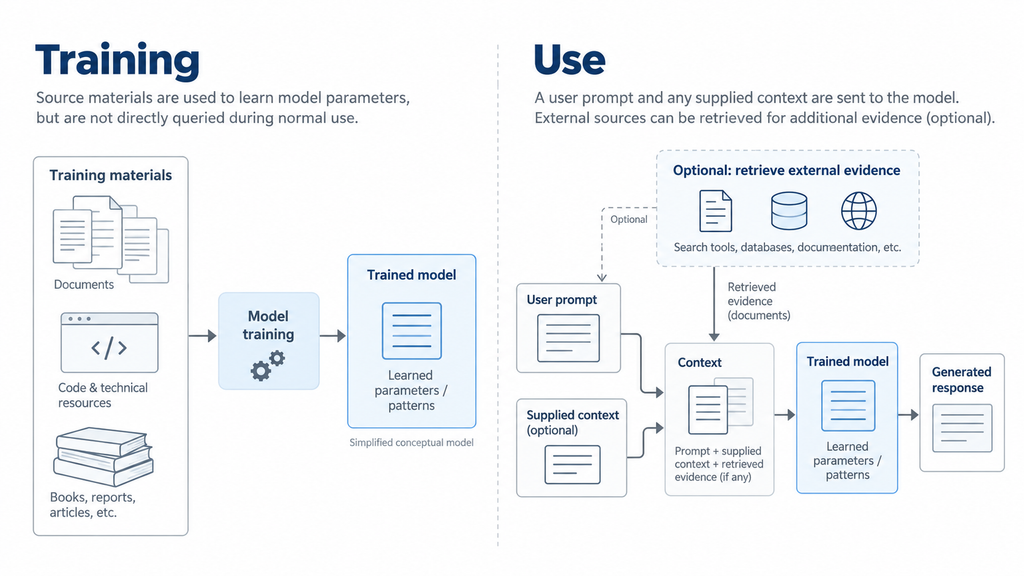 Simplified diagram separating model training, supplied context, optional source retrieval, and a generated response.