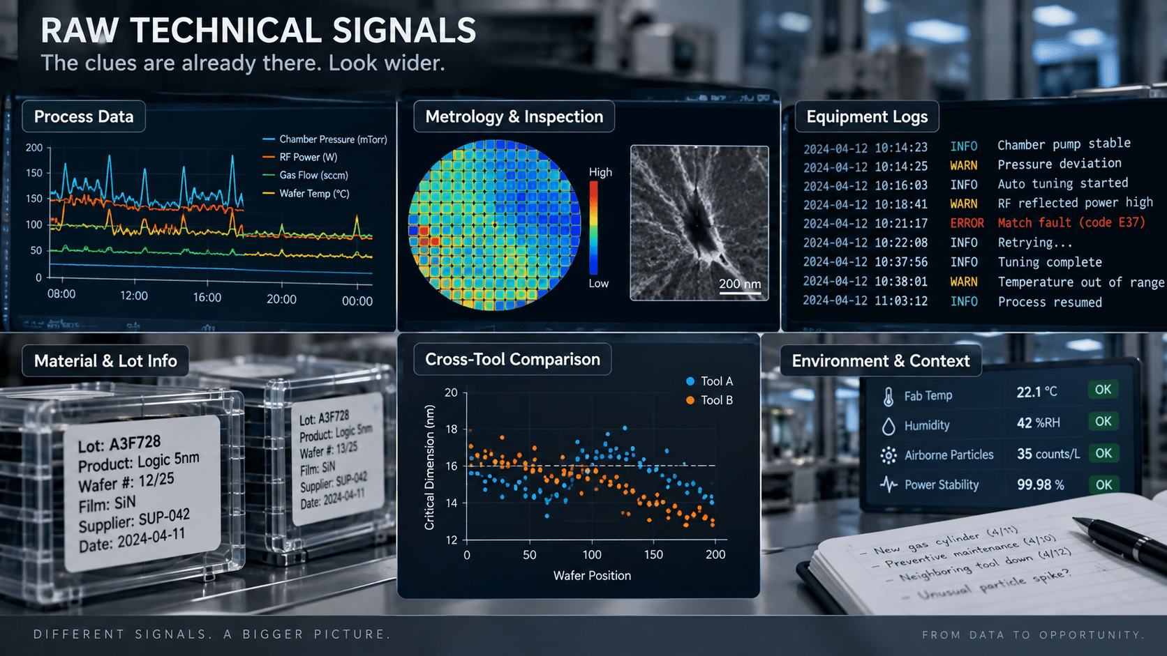 Wafer data, process history, hypotheses, attempted actions, and unknowns being evaluated as an Engineering Opportunity.