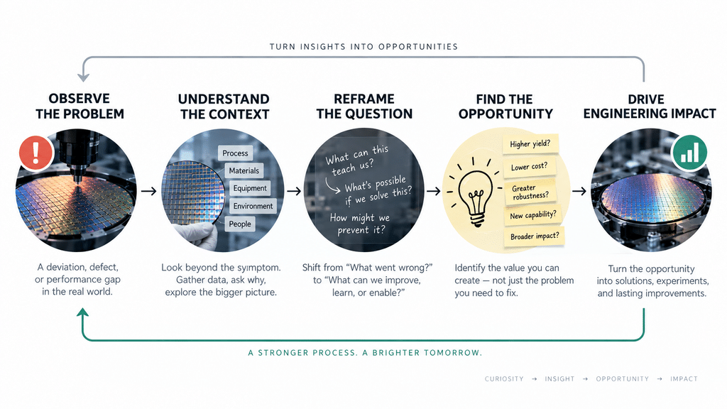 Flow from technical signal through problem shaping, Engineering Opportunity, resource decision, root cause analysis, and captured value.