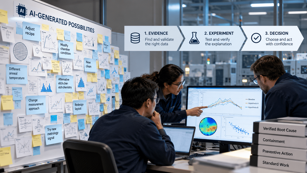 Flow from AI-generated possibilities through deliberate attention and evidence to engineering learning.