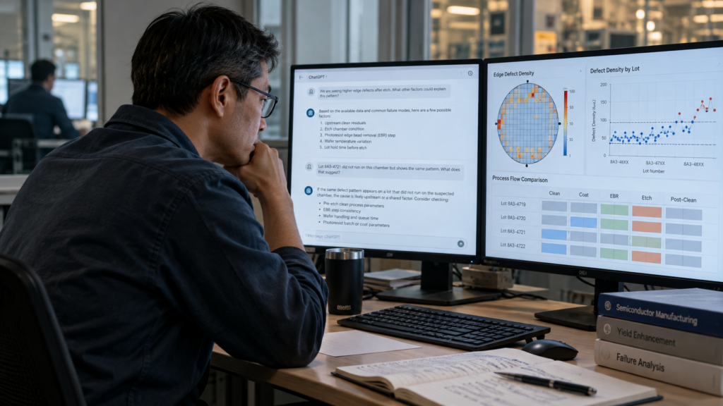 Engineer reviewing AI-assisted semiconductor investigation findings that have not yet been shared with the team.