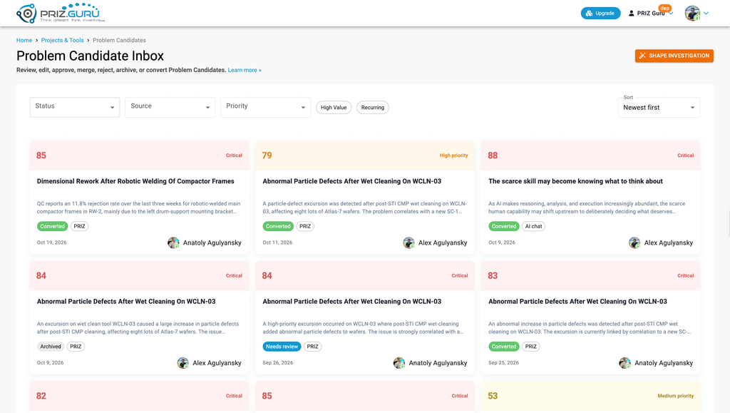 PRIZ Problem Candidate Inbox showing a candidate awaiting a human decision before project conversion.